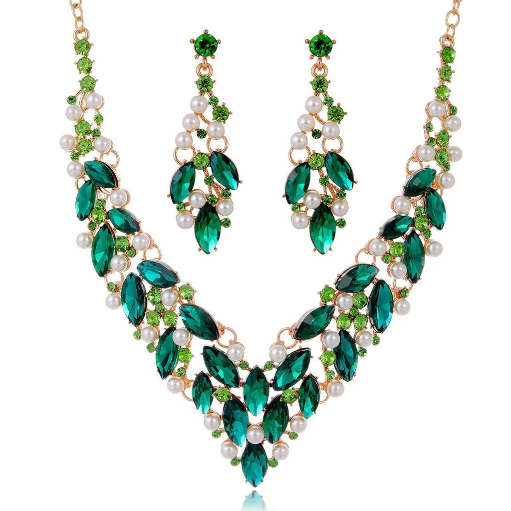 Luxury Bridal Green Crystal Rhinestone Pearl Necklace Jewelry Set With Drop Earrings For Wedding Party Gift