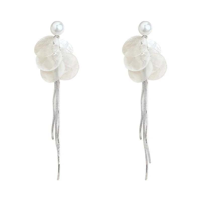 Natural Shell Long Tassel Drop Earrings, Geometric Round Designer Vacation Style Jewelry