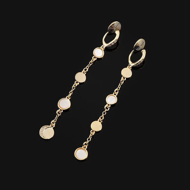 Elegant Shell Moon Disc Long Chain Tassel Gold Tone Alloy Rhinestone Stud & Clip On No Piercing Earrings