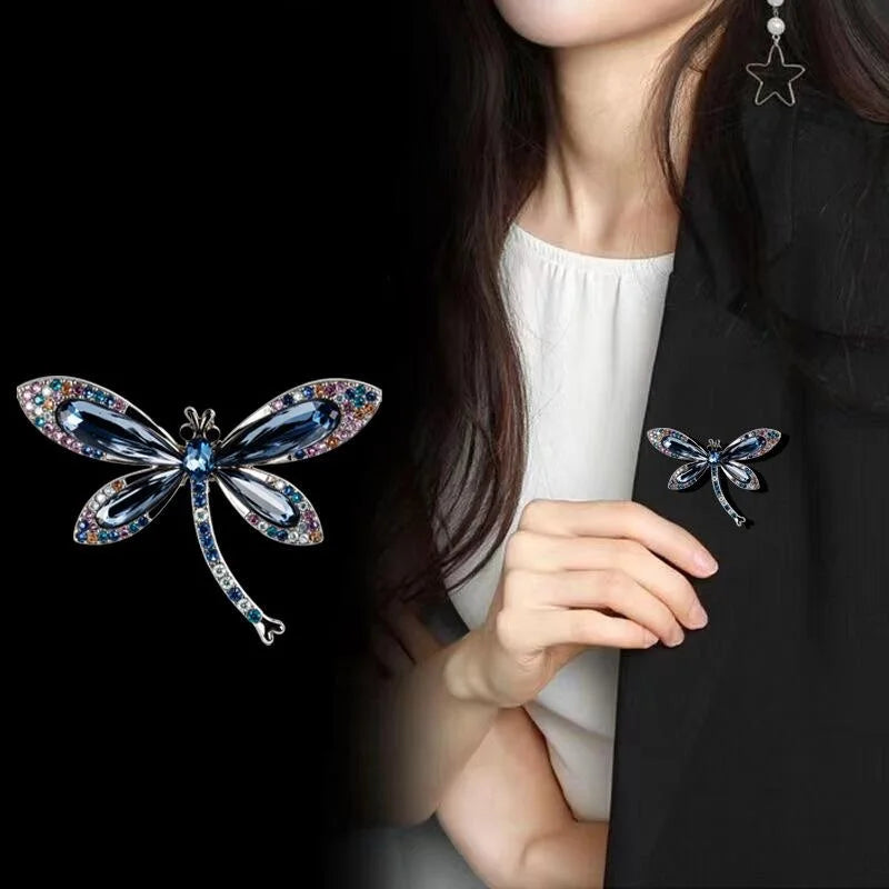 Luxury Rhinestone Dragonfly Brooch With Blue Crystal Alloy Wings, Elegant Lapel Pin Corsage Suit Accessory Gift