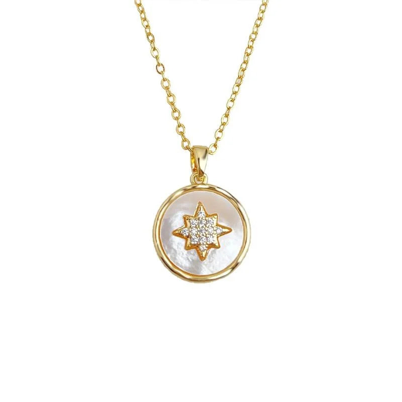 18K Gold Plated Copper Shell Star Round Geometric Light Luxury Clavicle Necklace