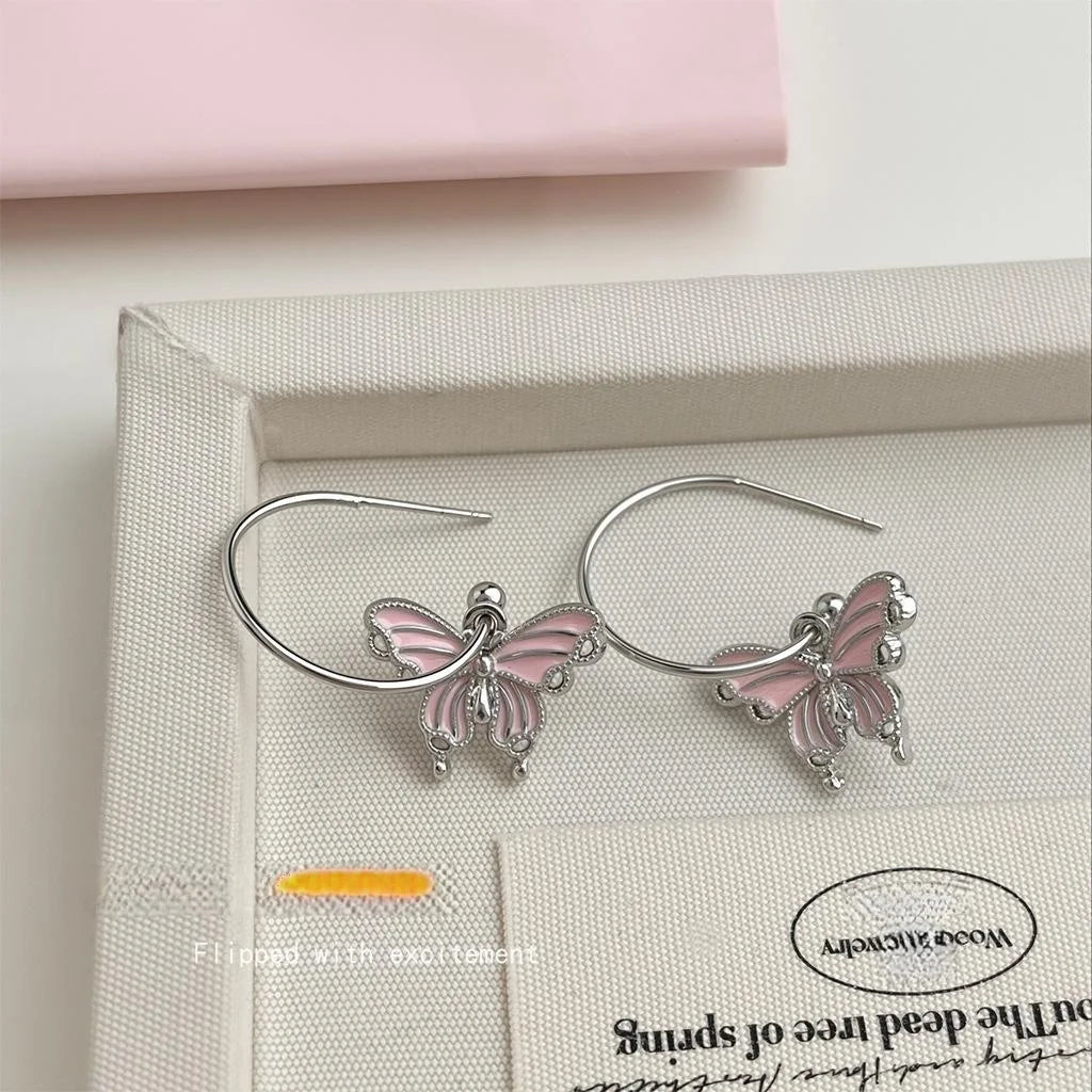 Sweet Cool Pink Butterfly Copper Drop Earrings For Girls, Designer Fashion Jewelry