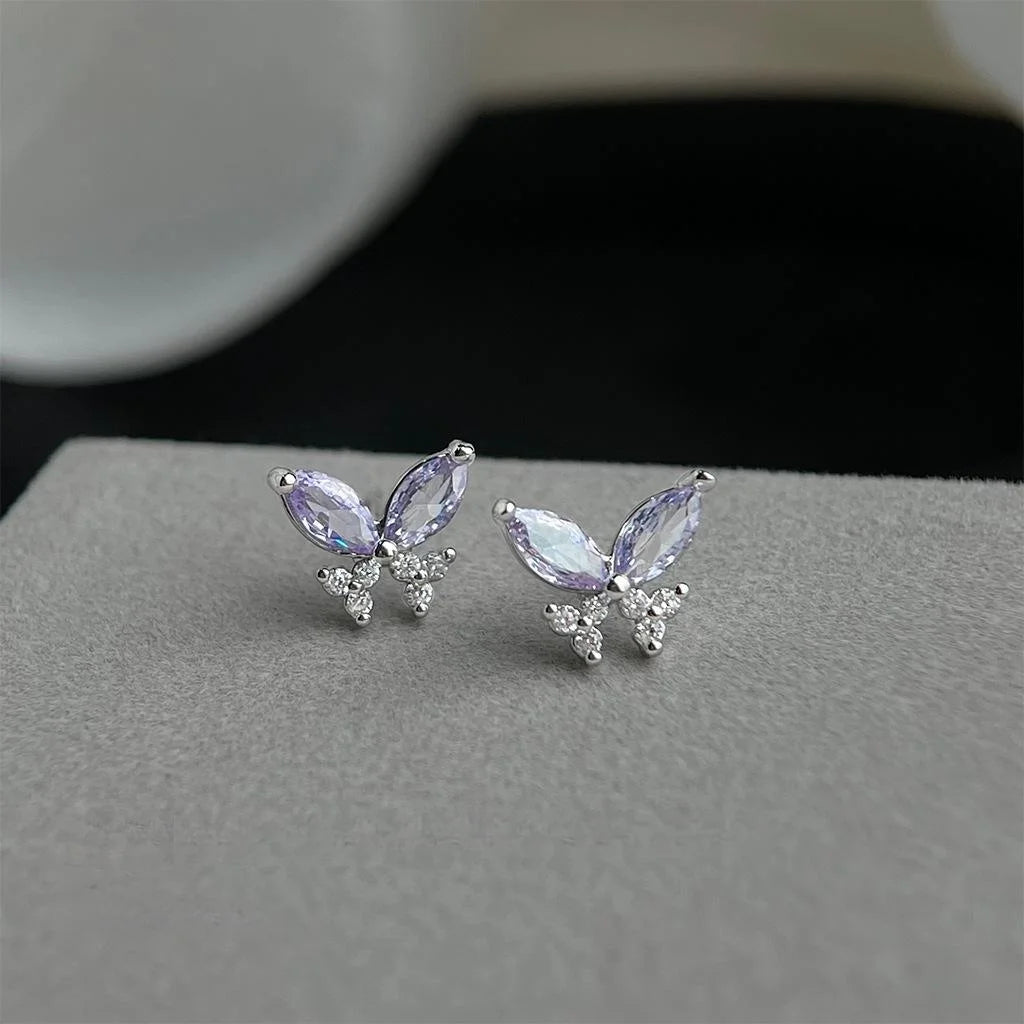 Sweet Purple Zircon Butterfly Stud Earrings Silver Plated Copper Light Luxury Jewelry