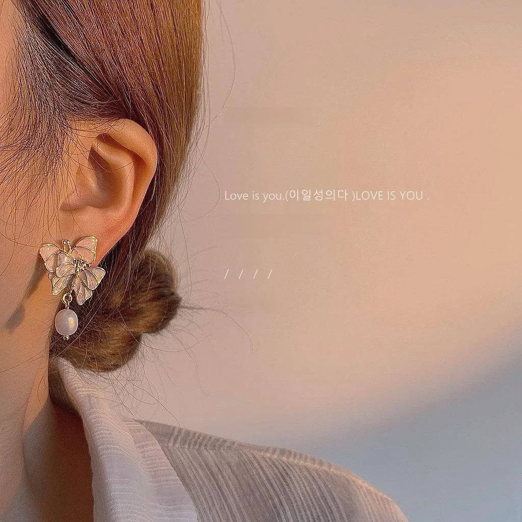 Sweet Purple Butterfly Freshwater Pearl Drop Earrings With Silver Plated Pins Alloy Jewelry