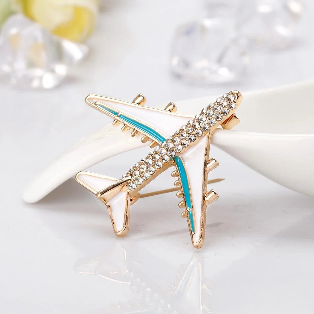 Elegant Airplane Brooch With Rhinestone Alloy Enamel Inlay, Luxury Lapel Pin Corsage Suit Accessory