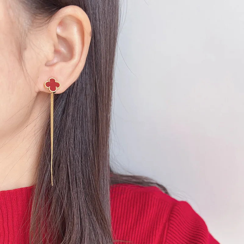 Elegant Red Enamel Lucky Clover Gold Chain Tassel Alloy Stud & Clip On No Piercing Drop Earrings