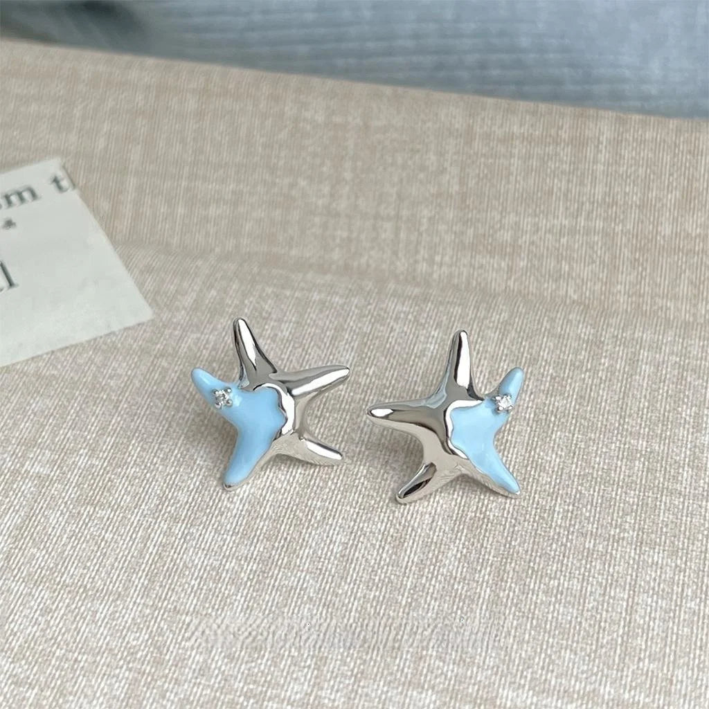 Sweet Blue Enamel Starfish Stud Earrings Silver Plated Copper Ocean Designer Jewelry