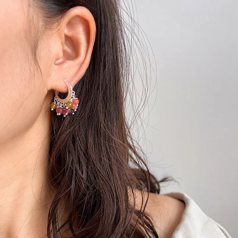 Vintage Crescent Hoop Natural Stone Beaded Alloy Stud & Clip On No Piercing Handmade Earrings