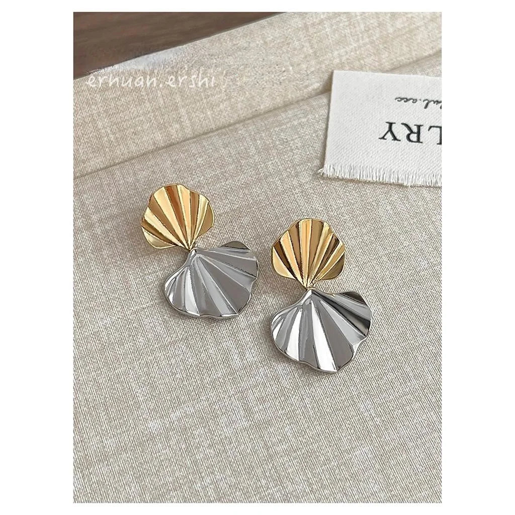 Two Tone Plated Copper Fan Pleated Geometric Drop Earrings For Women Statement Commuter Style