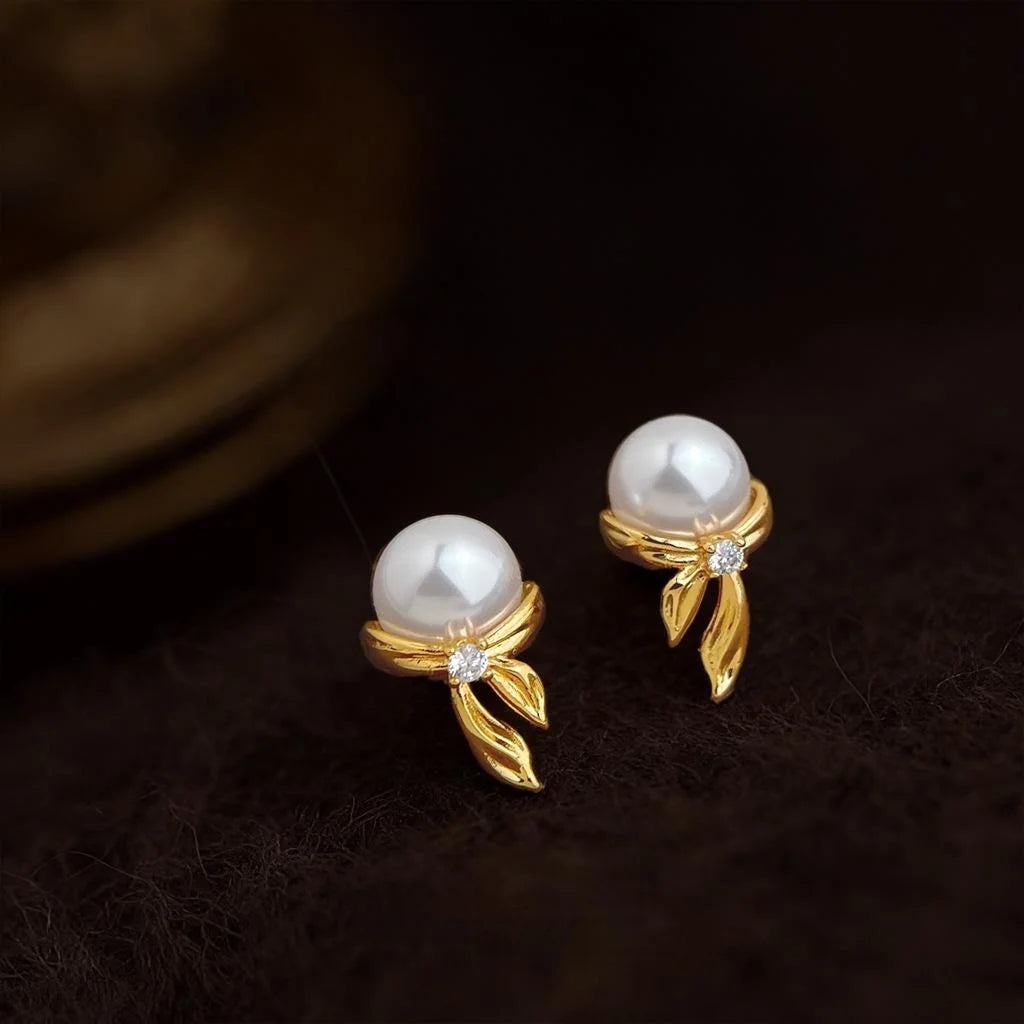 Original Designer Bow Stud Earrings With Copper, Lustrous Pearl And Zircon, Elegant OL Style
