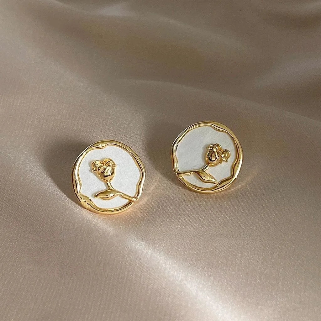 French 3D Rose Flower Copper Stud Earrings Light Luxury Versatile Round Floral Jewelry