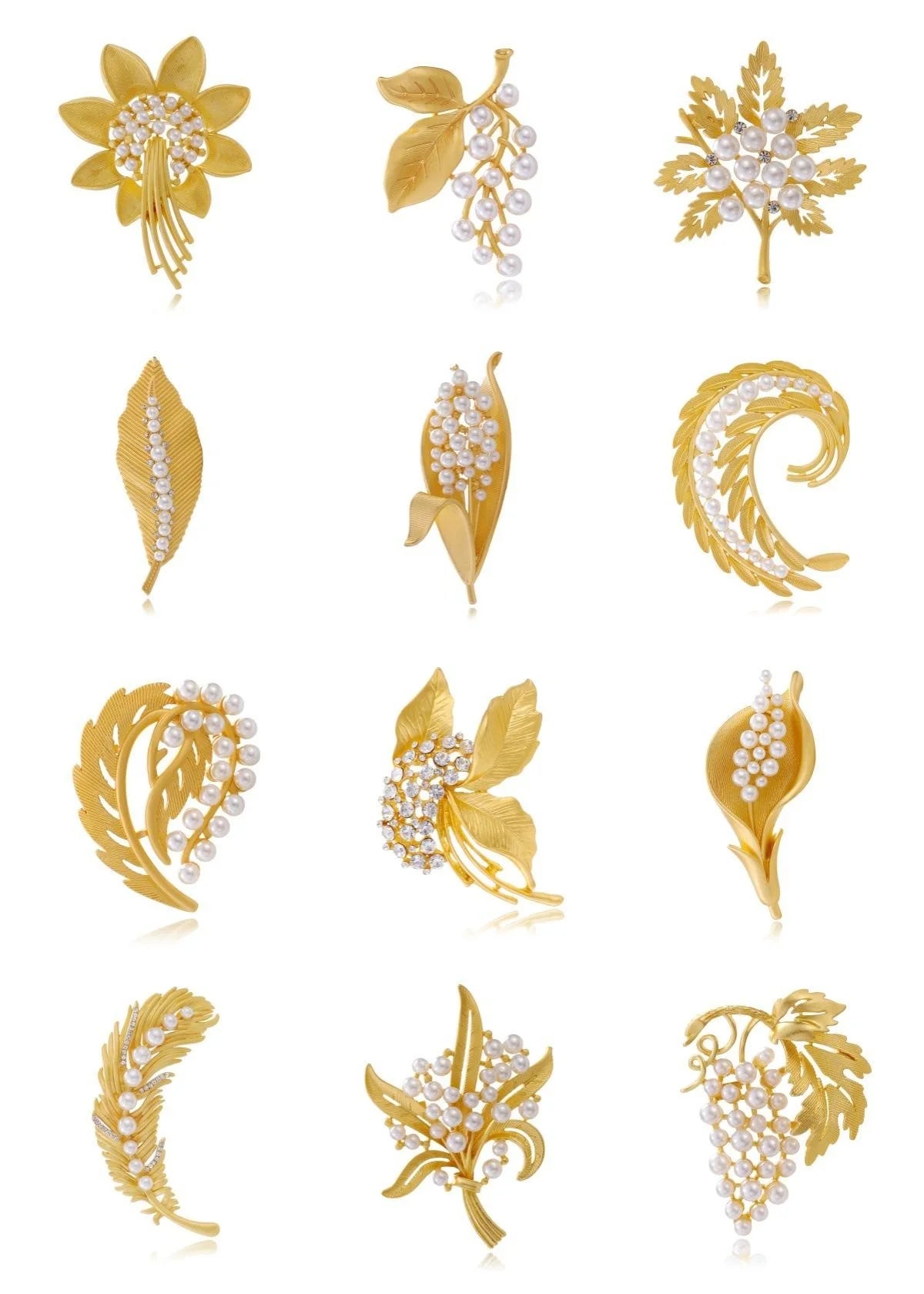 Elegant Gold Alloy Pearl Flower Feather Grape Leaf Brooch, Rhinestone Lapel Pin Corsage Suit Accessory