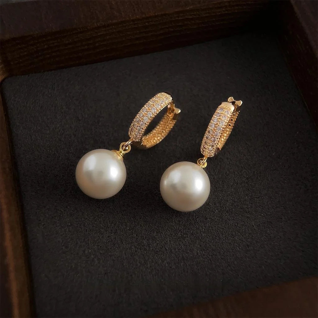 14K Gold Plated Copper Glass Pearl Stud Earrings With Micro Pave Zircon Geometric Hoop Design