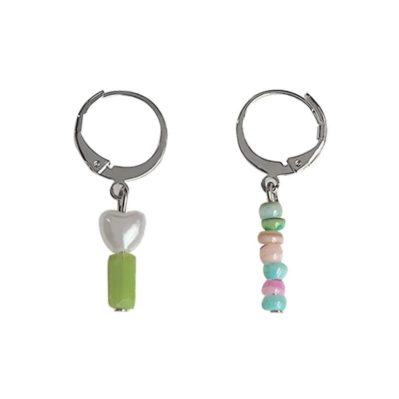Sweet Asymmetric Shell Beaded Tassel Drop Earrings Colorful Geometric Ear Jewelry