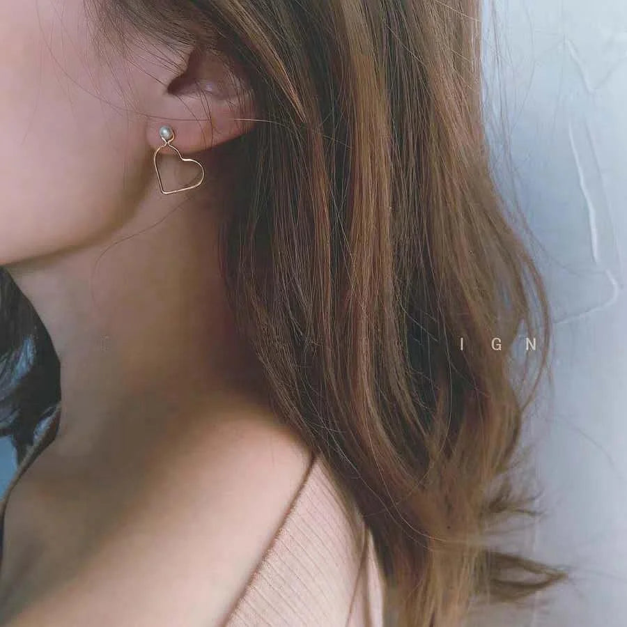 14K Gold Plated Alloy Hollow Heart Pearl Stud Earrings, Minimalist Two-Way European Style