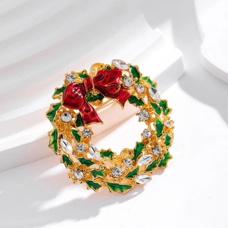 Elegant Christmas Wreath Brooch Alloy Enamel Red Bow Rhinestone Lapel Pin Corsage Suit Accessory Gift