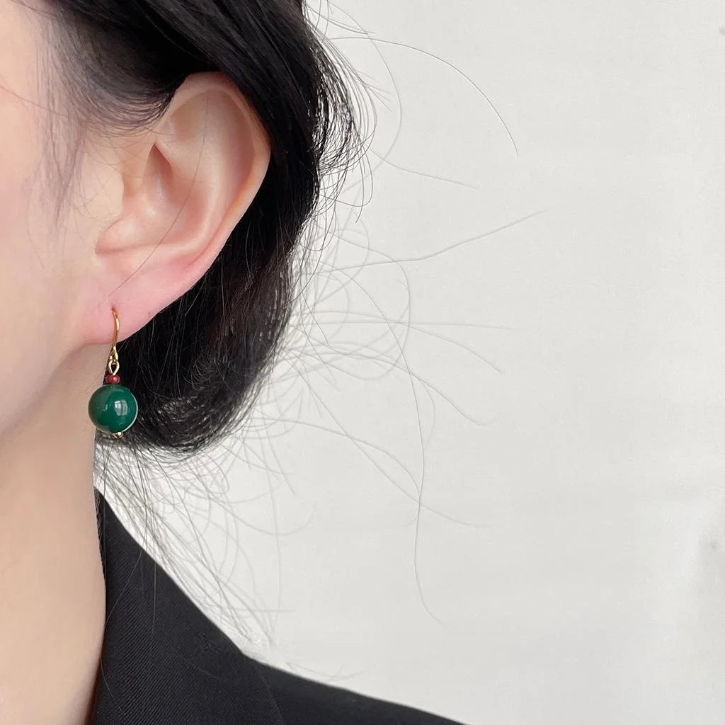 Handmade New Chinese Vintage Palace Style Red And Green Agate Round Geometric Drop Earrings