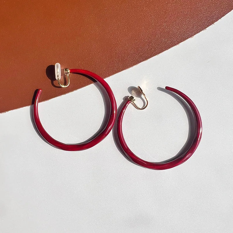 Vintage Red Enamel Twisted Large Hoop Spiral Stud & Clip On No Piercing Statement Earrings