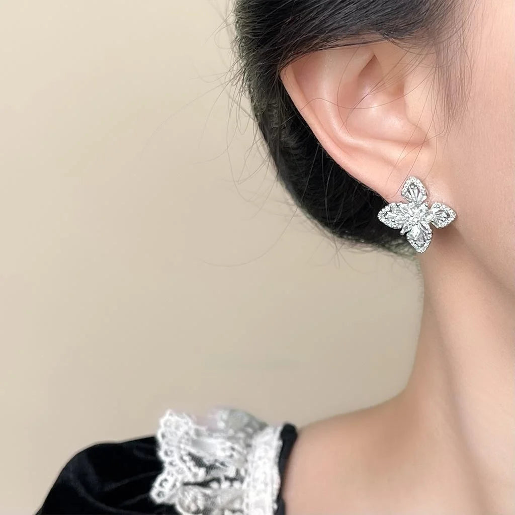 Silver Plated Copper Zircon Flower Leaf Geometric Stud Earrings for Women