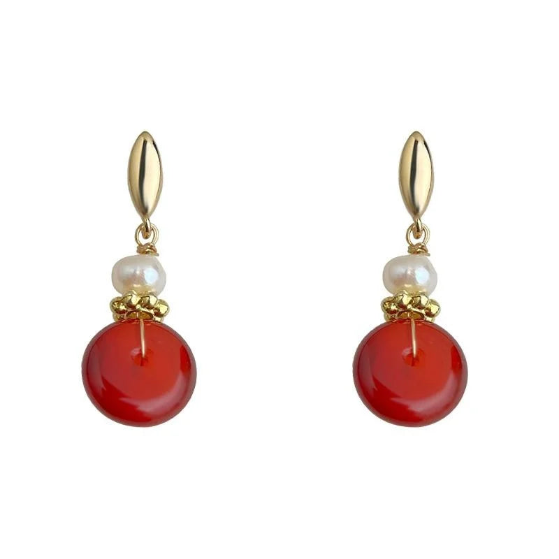 Natural Freshwater Pearl Red Agate Geometric Round Palace Style Drop Earrings