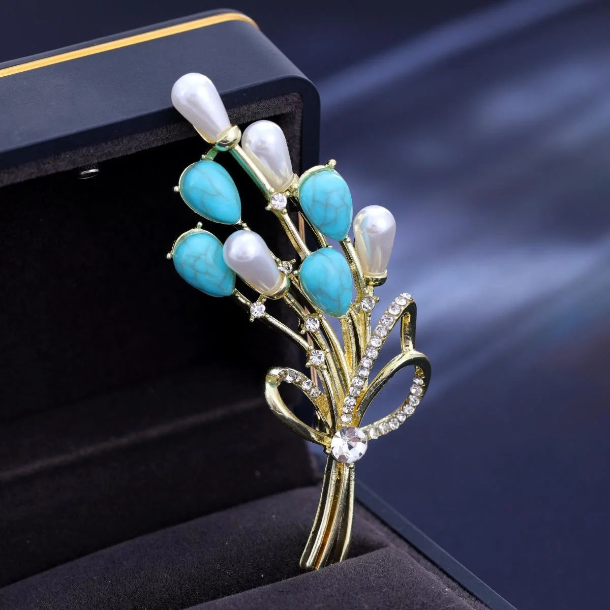 Elegant Turquoise Balloon Bouquet Brooch With Pearl Rhinestone Alloy Lapel Pin Luxury Suit Corsage Gift