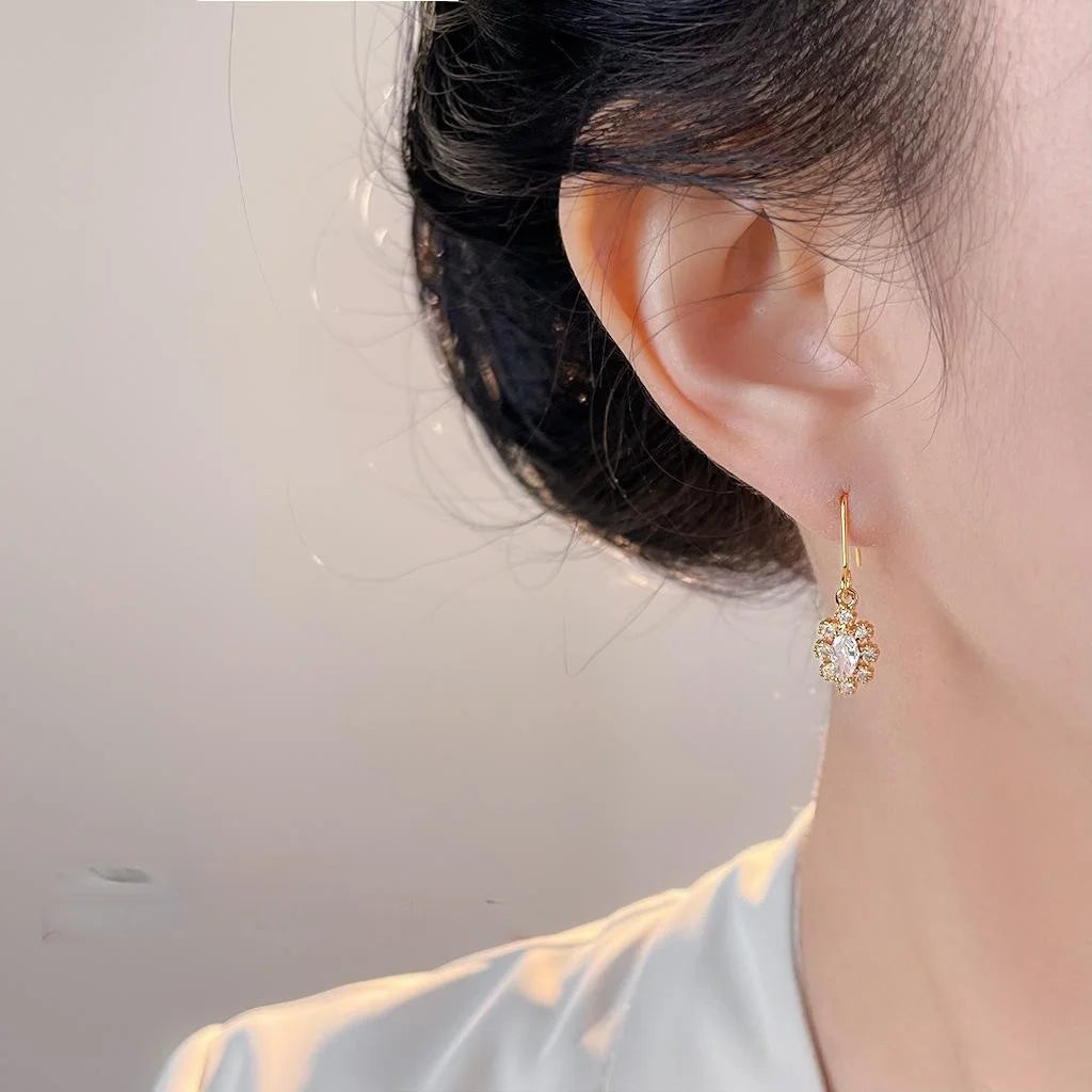14K Plated Copper Micro Pave Zircon Drop Earrings, Light Luxury Floral Geometric Jewelry For Women