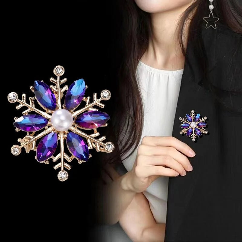 Elegant AB Crystal Snowflake Brooch With Faux Pearl, Gold Alloy Rhinestone Lapel Pin Suit Accessory Gift
