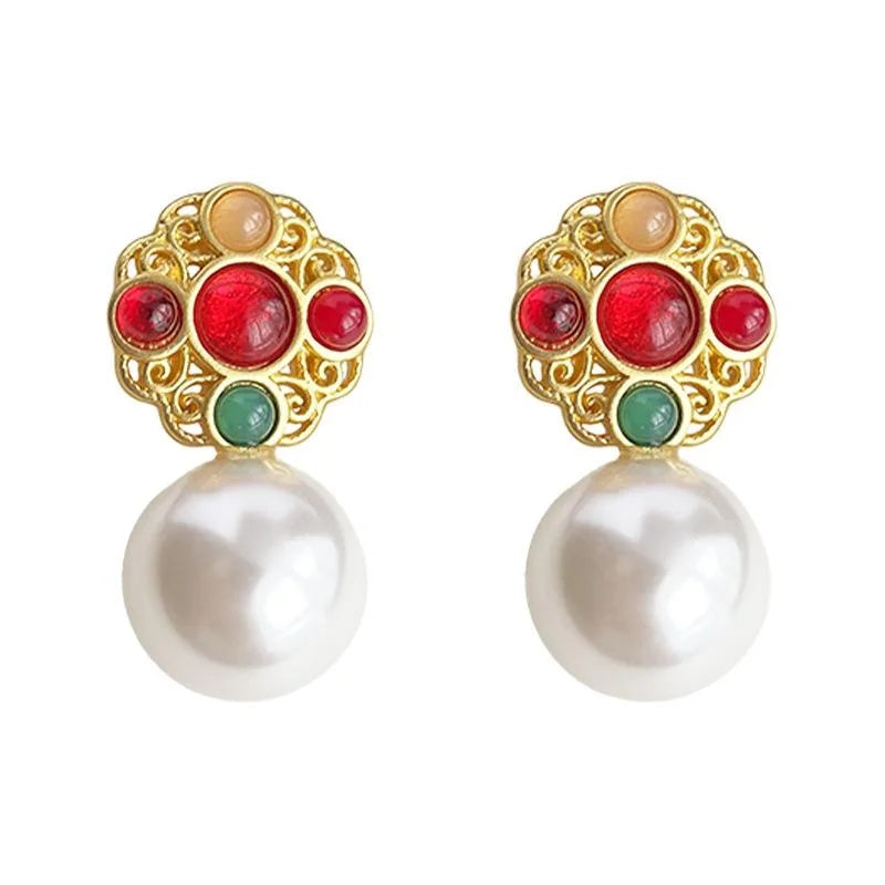Light Luxury Vintage French Pearl Drop Earrings Copper Hollow Totem Design