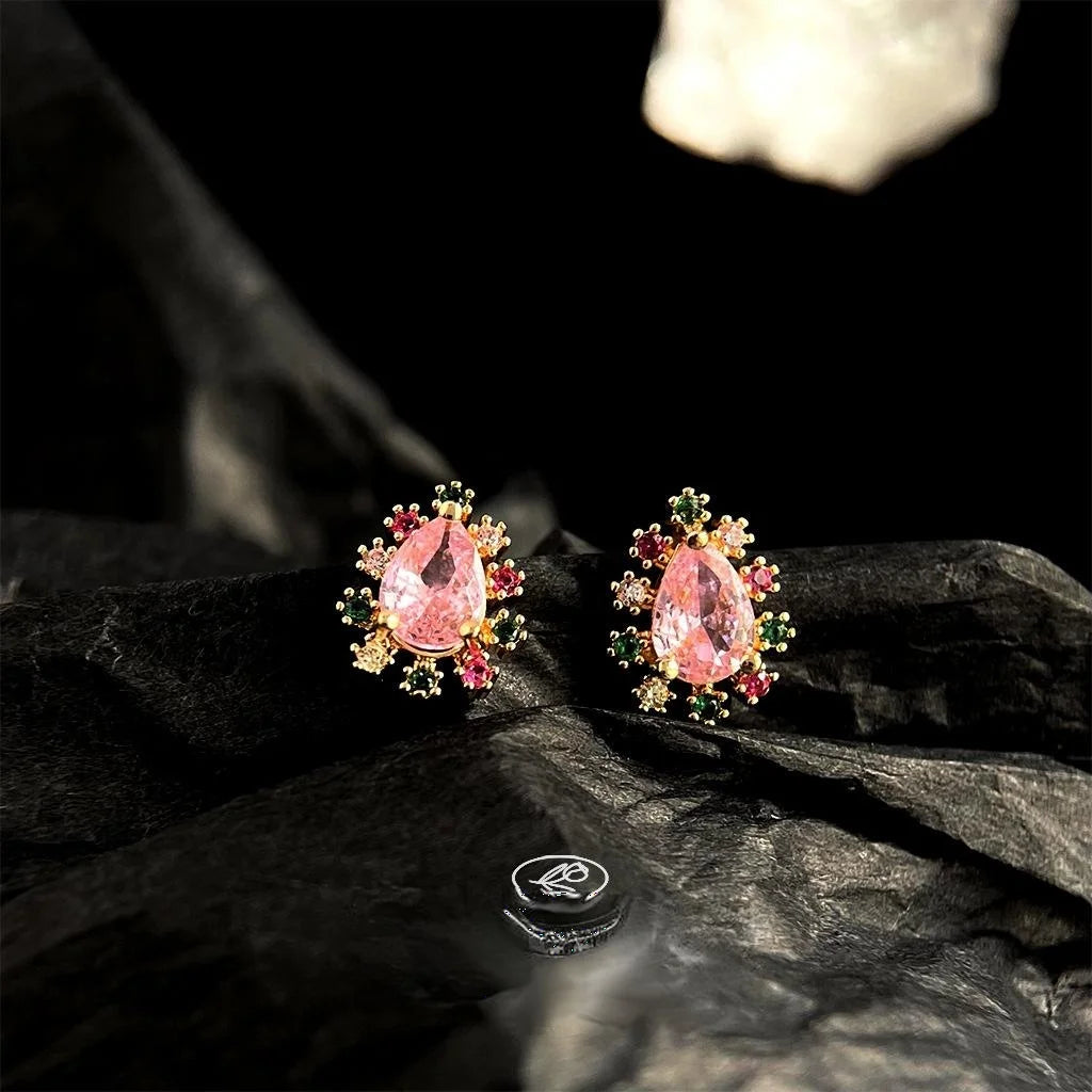 Sweet Colorful Micro Pave Zircon Waterdrop Stud Earrings, Copper Floral Teardrop Design