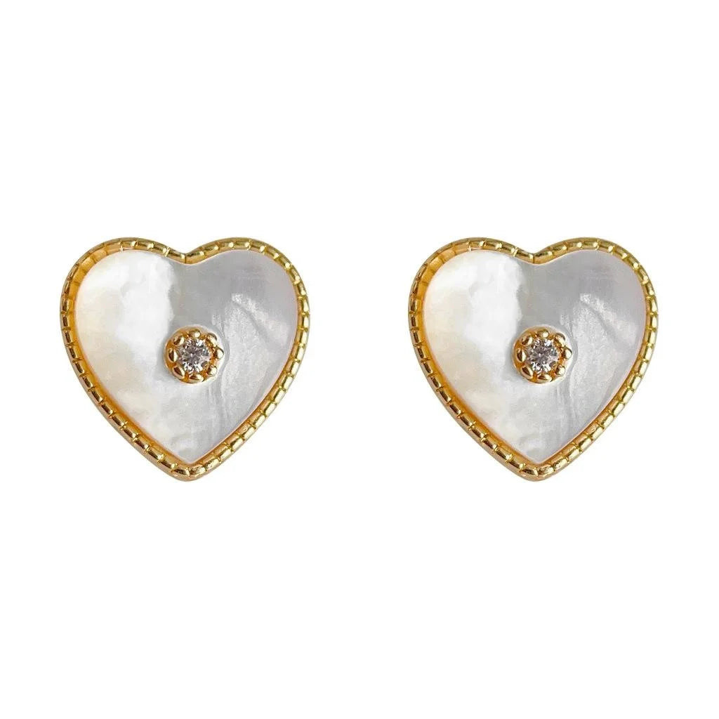 Light Luxury Copper And Real Shell Heart Stud Earrings French Vintage Black White Minimalist Jewelry