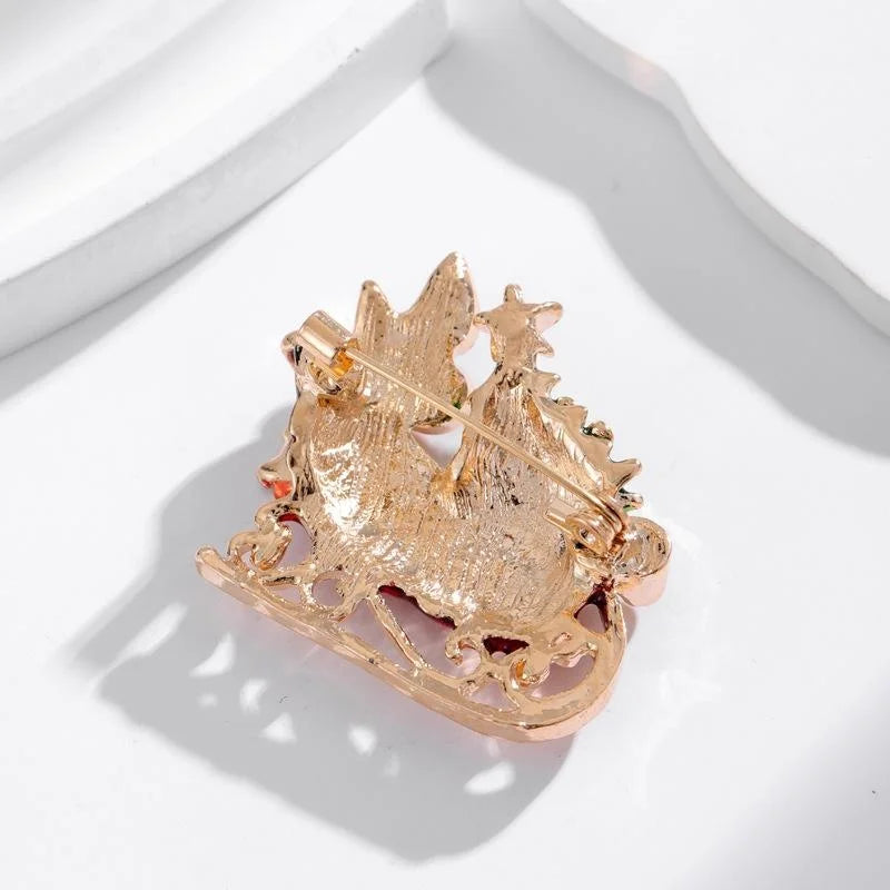Elegant Enamel Rhinestone Christmas Tree Sleigh Brooch, Gold Tone Alloy Lapel Pin Corsage Gift