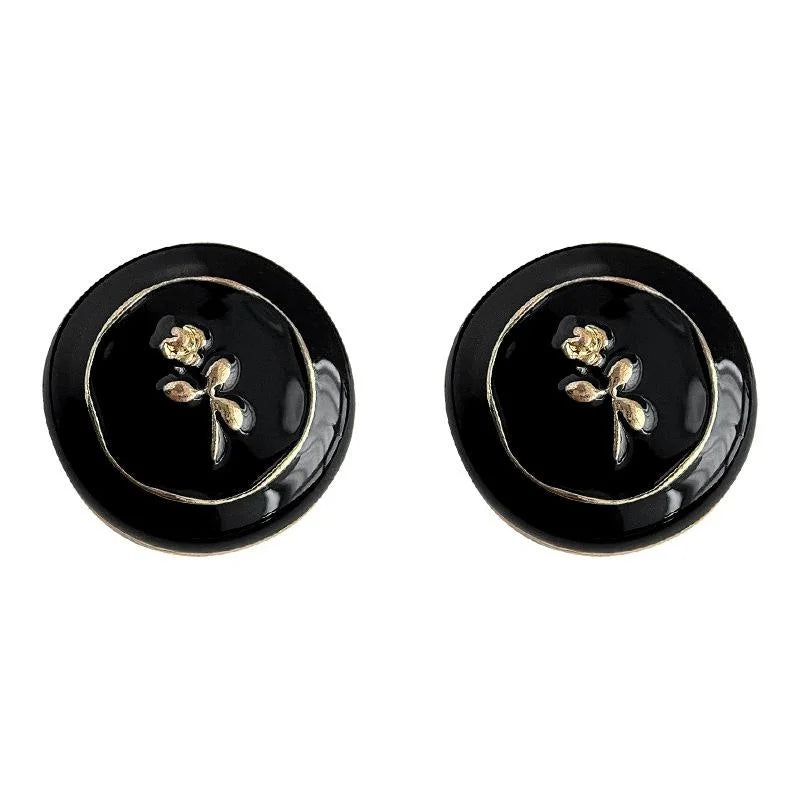 Vintage Black Gold Copper Round Stud Earrings With Enamel Rose Geometric French Style