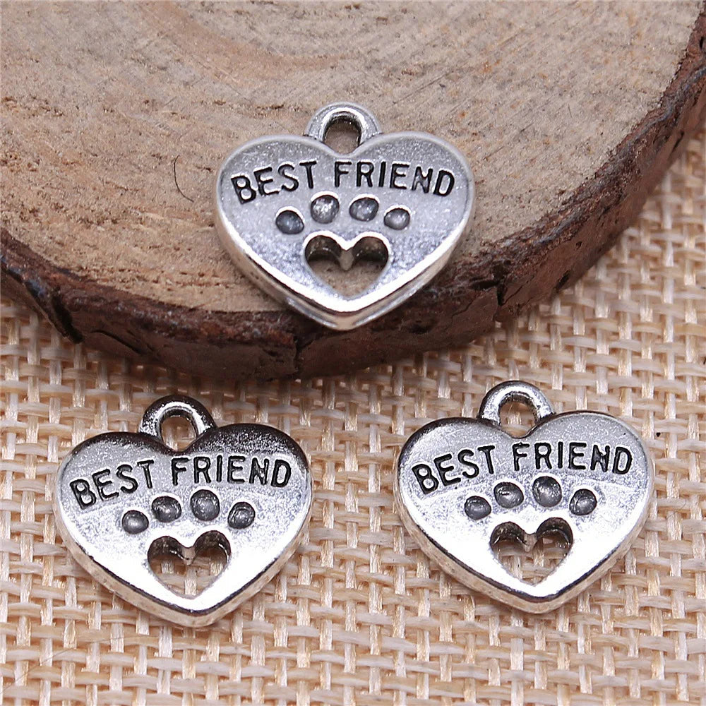 14x15mm 2.1g Zinc Alloy Heart Cat Paw Best Friends Hollow Double Sided Charm Pendant for DIY Bracelet Necklace Making