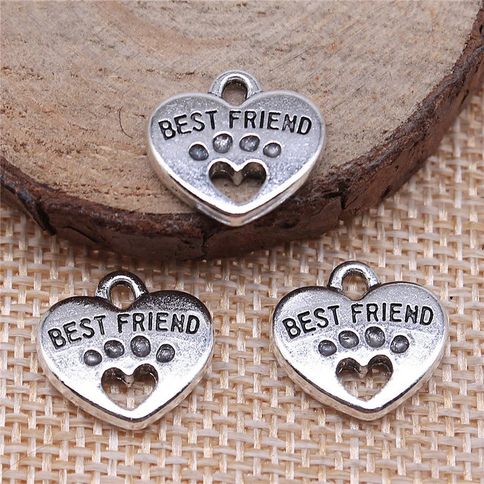14x15mm 2.1g Zinc Alloy Heart Cat Paw Best Friends Hollow Double Sided Charm Pendant for DIY Bracelet Necklace Making
