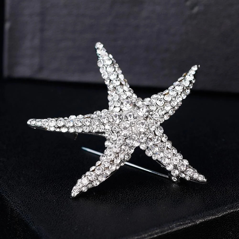 Luxury Alloy Starfish Full Rhinestone Brooch Elegant Crystal Lapel Pin Corsage Suit Accessory Gift