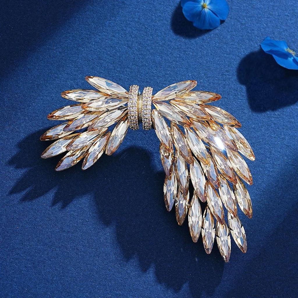 Luxury Wing Brooch For Women With Zircon Rhinestones, Elegant Gold Lapel Pin Corsage Suit Accessory Gift