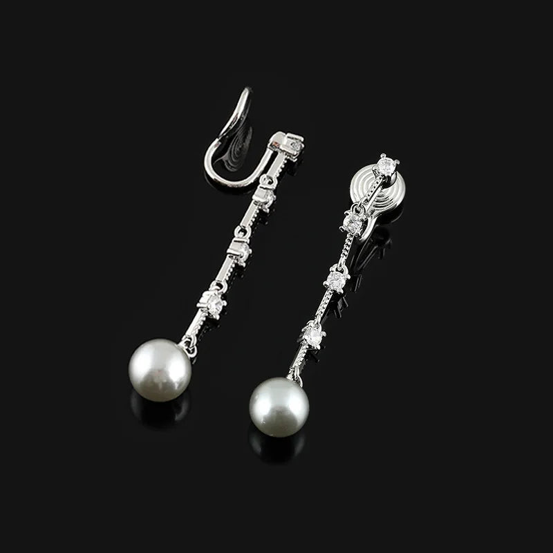 Elegant Long Tassel Grey Pearl Zircon Drop Stud & Clip On No Piercing Face Slimming Earrings