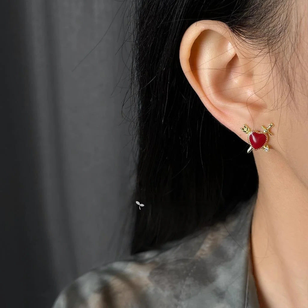 Original Design 18K Gold Plated Copper Heart Arrow Enamel Burgundy Stud Earrings