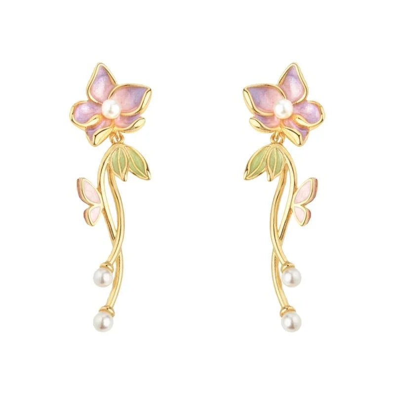Hand Painted Sweet Floral Enamel Copper Drop Earrings With Pearl Tassels