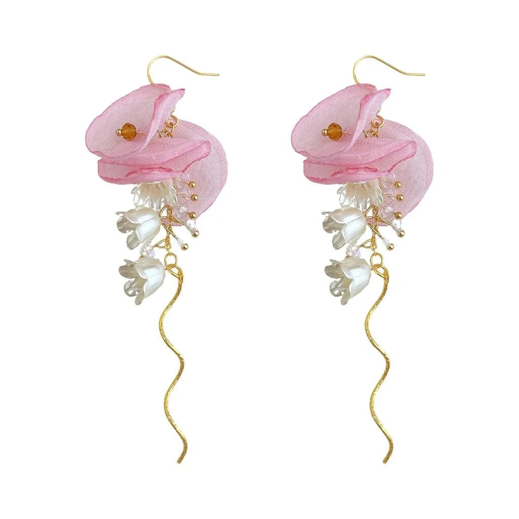 Handmade Copper Flower Tassel Drop Earrings For Women Sweet Summer Vacation Jewelry