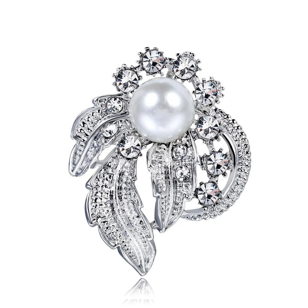 Elegant Silver Plated Rhinestone Pearl Flower Leaf Brooch Pin For Women Lapel Corsage Suit Accessory