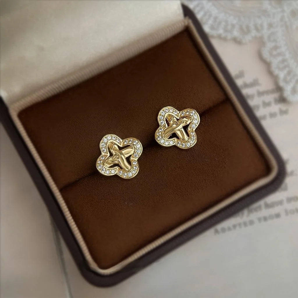 Luxury Micro Pave Zircon Copper Stud Earrings With Silver Plated Pins, Geometric Floral Petal Design