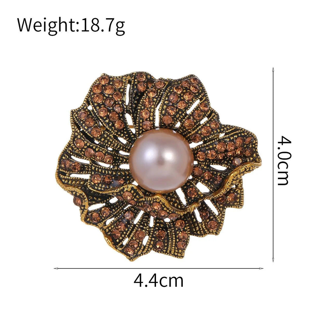 Vintage Rose Flower Brooch With Faux Pearl And Amber Rhinestones, Elegant Lapel Pin Suit Accessory Gift