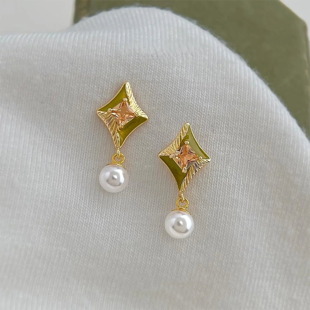 Old Money Style Geometric Round Square Drop Earrings, Enamel Pearl Zircon Silver Plated Pin