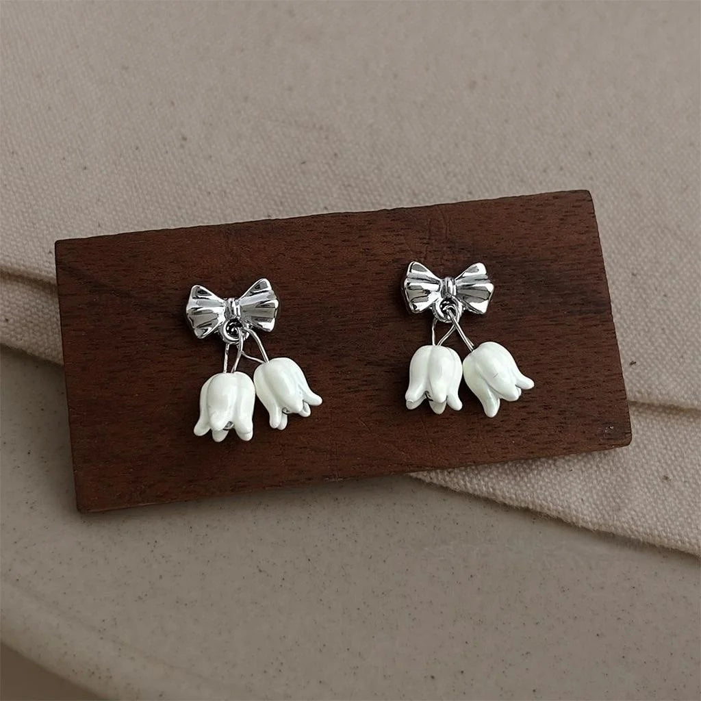 Sweet Forest Style Eco Copper Enamel Lily Of The Valley Bow Drop Earrings