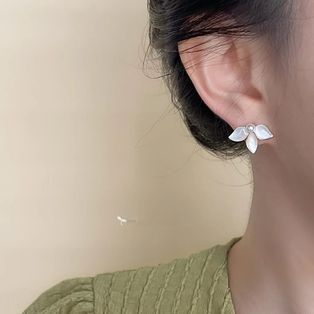14K Gold Plated Copper Real Shell Iris Flower Leaf Stud Earrings Elegant Light Luxury Jewelry