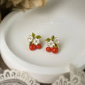 Pastoral Drip Enamel Cherry Flower Copper Stud Earrings