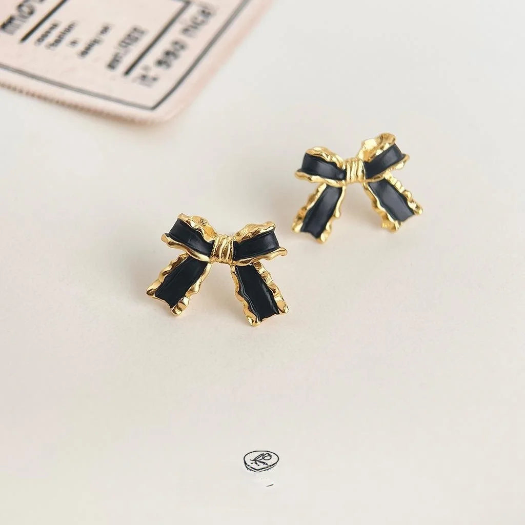 French Vintage 14K Gold Plated Copper Bow Stud Earrings With Enamel Drip Oil Design