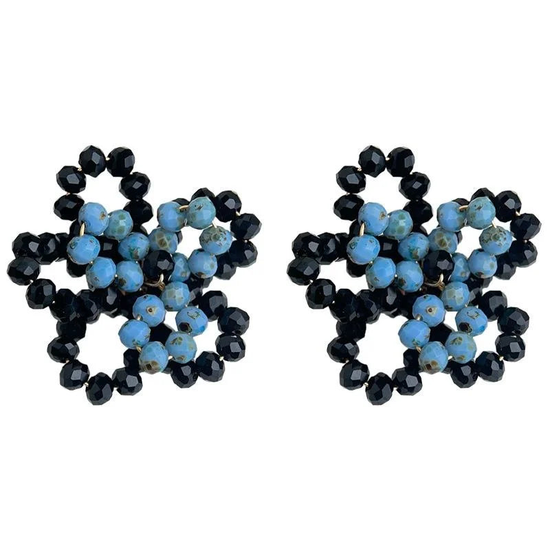 Haze Blue Handmade Woven Flower Stud Earrings Copper Glass Crystal Premium Niche Jewelry