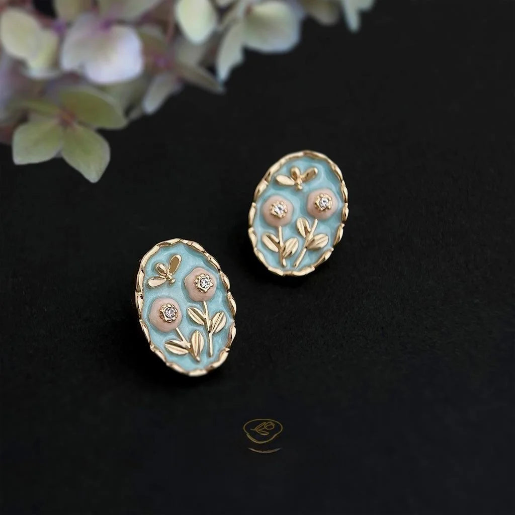 Forest Style Enamel Glaze Flower Stud Earrings Silver Plated Copper Alloy French Elegant Jewelry